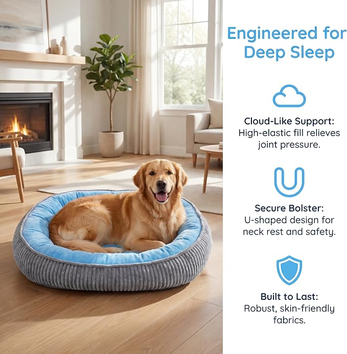 Calming Dog Bed for Medium Dogs 26"x19" - Orthopedic Washable Pet Bed with Anti-Slip Bottom, Indoor Soft Cat Bed with Removable Cover (Sky Blue)