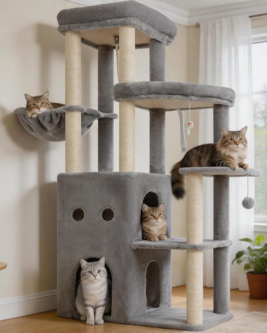 Heybly Cat Tree, 59.4" Secure Anti-Tip Cat Tower for Large Cats, Spacious Cat Furniture with Dual-Tier Cat Condo, 2 Top Perches, Hammock and Sisal Scratching Posts, Light Gray HCT055W