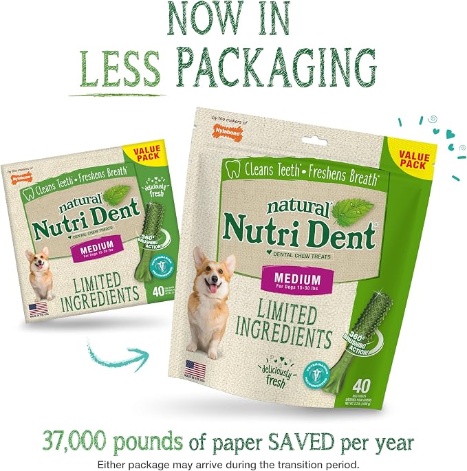 Nylabone Nutri Dent Dog Dental Treats - Natural Dog Teeth Cleaning & Breath Freshener - Dental Treats for Dogs - Fresh Breath Flavor, Medium (40 Count)