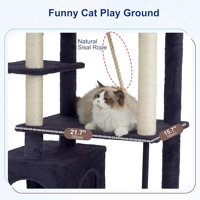 Gitelsnour Cat Tree for Indoor Cats Large Adult, 70.5'' Cat Tower with Scratching Post, Sturdy Steel Pube Cat Tree Tower with Large Playing Platfrom, Hammock and Basket, Top Perch, Drak Gray GCT024G