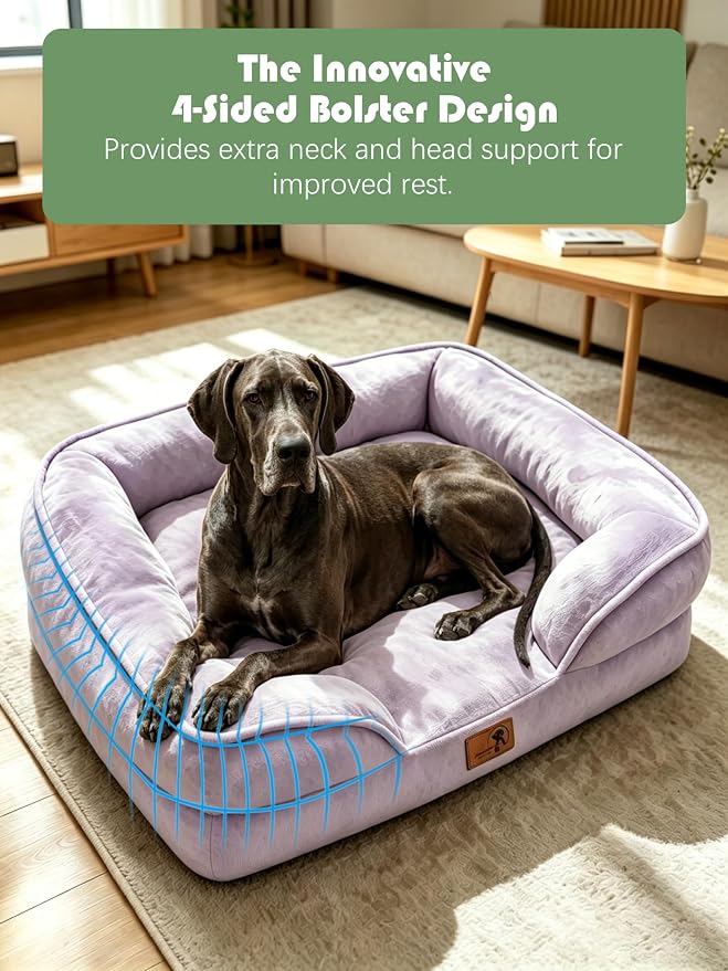 Spotted Play Orthopedic Dog Bed with Sides - Sofa Beds for Extra Large Dogs, Supportive Foam Pet Couch Bed with Washable Removable Cover, Waterproof Lining and Non-Slip Bottom, Purple - XXL