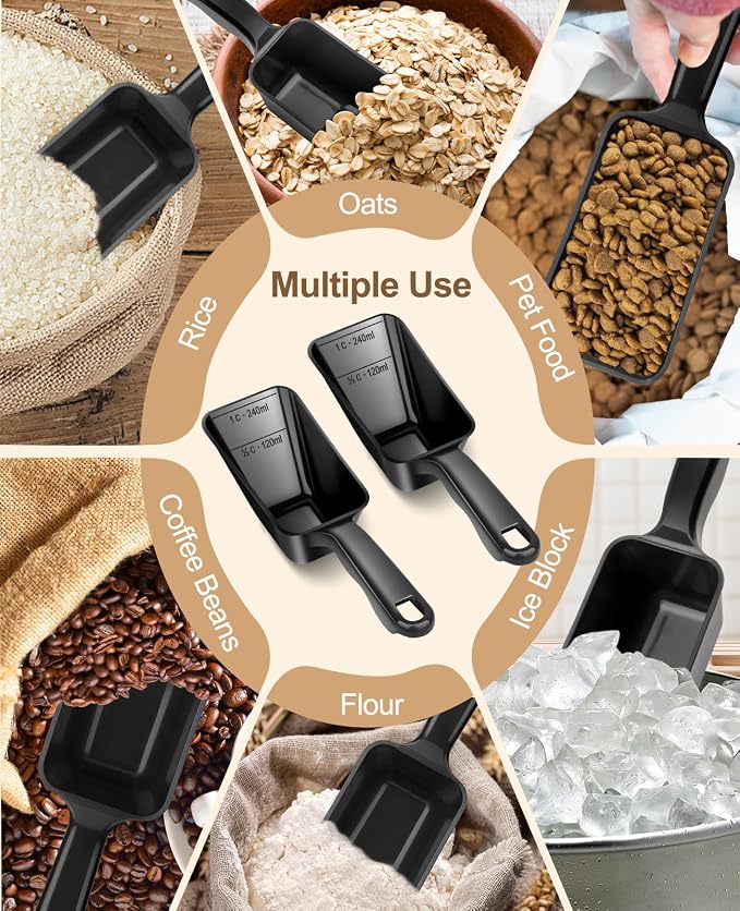 2-Pack Dog Food Scoop 1 Cup, Plastic Pet Food Measuring Scoop With Measuring Lines (1/2 & 1 Cup Markings) for Dogs, Cats, Fish, Bird（Black)