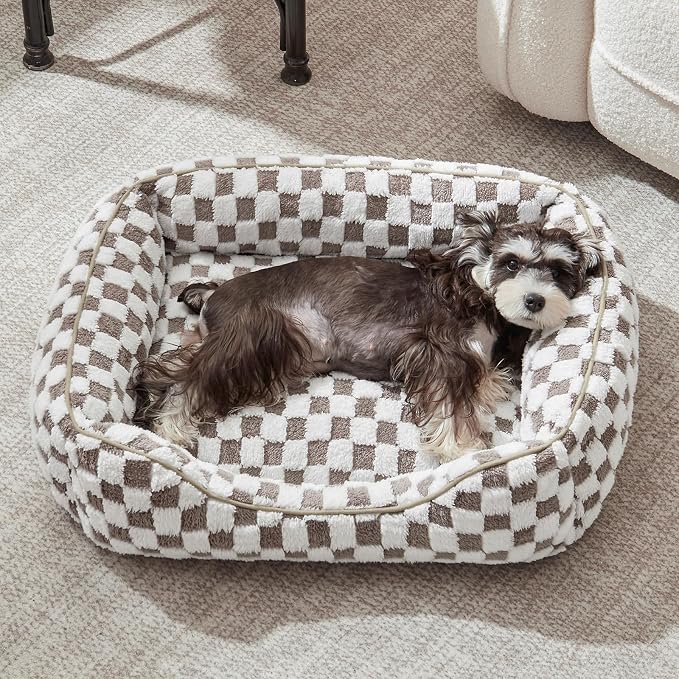 JOEJOY Dog Bed for Large Medium Small Dogs - Rectangle Orthopedic Dog Sofa Bed, Cute Modern Puppy Bed with Jacquard Shaggy Plush & Anti Slip Bottom, 35x25x10inches, Cofffee