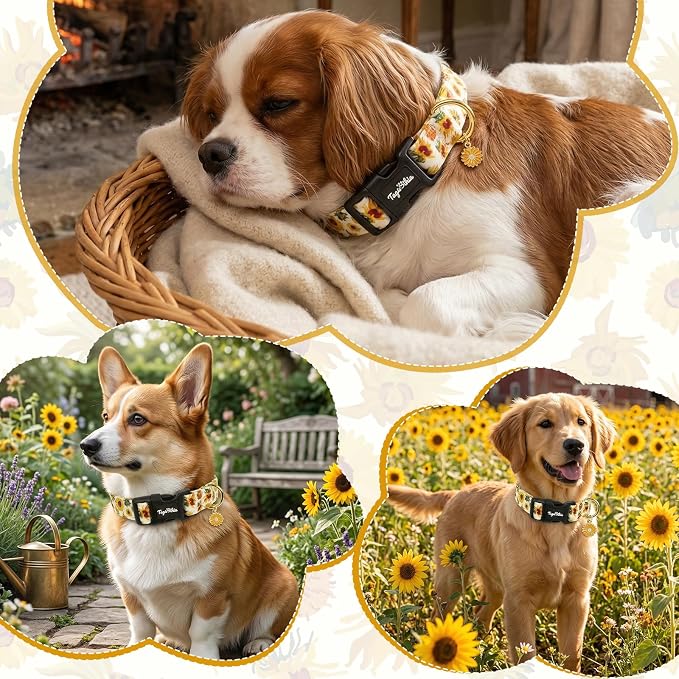 Dog Collar with Sunflower Patterns, Spring Summer Collection Yellow Dog Collar with Exquisite Pendant, Durable Adjustable Collars for Gifts & Daily Use-S