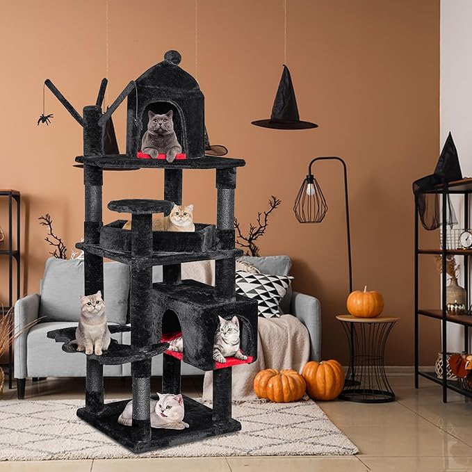 BEWISHOME Heavy Duty Cat Tree, 63 in Large Cat Trees Gothic Cat Tower with Coffin Bed, Cat Houses with Scratching Posts for Large Cats 20 lbs+, Tall cat Condos, Black & Red MMJ96R