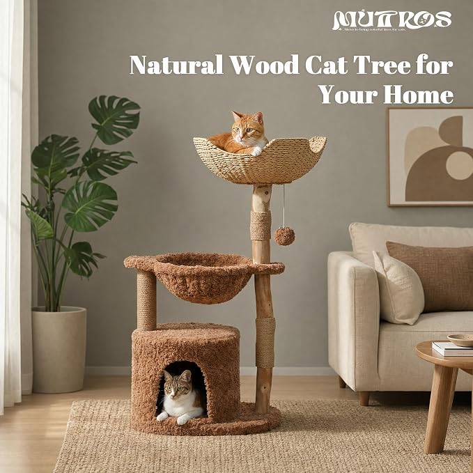 MUTTORS Modern Cat Tree for Indoor Cats, 40 Inches Natural Solid Wood Cat Tower for Large Cats, Aesthetic Cat Furniture with Top Rattan Basket, Hammock & Scratching Post, Brown