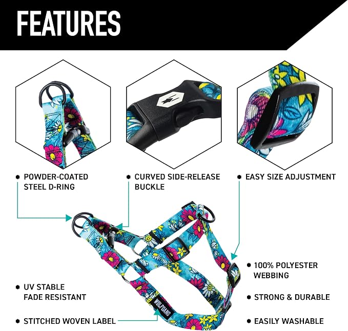 Wolfgang Heavy Duty Adjustable Dog Harness, Pull-Tested for Walking & Training, LazyDaisy Print, Small