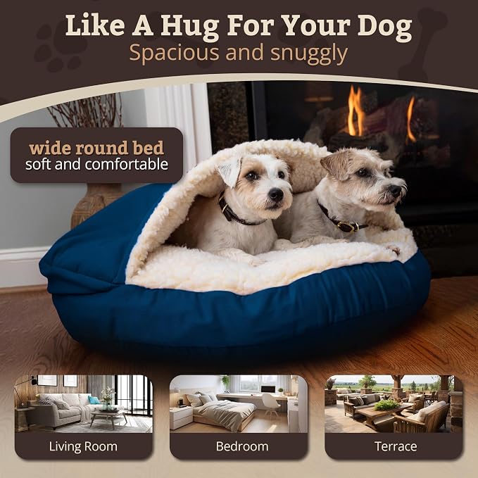 Snoozer Cozy Cave Dog Bed - Indoor Dog Bed with Cover Cave, Covered Calming Burrow for Medium & Large Sized Pets with Blanket Attached, Enclosed, Removable Washable Cover - XL, Sapphire