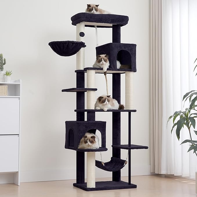 Gitelsnour Cat Tree for Indoor Cats Large Adult, 70.5'' Cat Tower with Scratching Post, Sturdy Steel Pube Cat Tree Tower with Large Playing Platfrom, Hammock and Basket, Top Perch, Drak Gray GCT024G