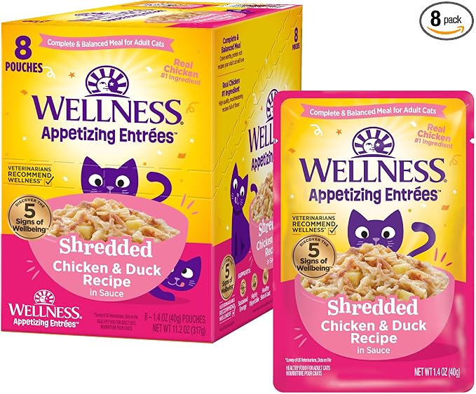 Wellness Appetizing Entrées Shredded Adult Wet Cat Food, Natural, Protein Rich, Grain Free, Chicken and Duck Recipe, 1.4 oz, Pack of 8 Pouches