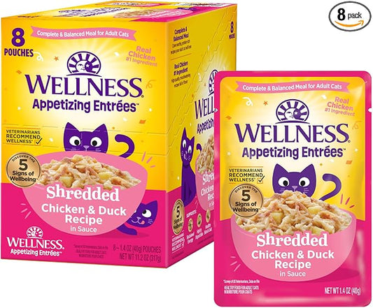Wellness Appetizing Entrées Shredded Adult Wet Cat Food, Natural, Protein Rich, Grain Free, Chicken and Duck Recipe, 1.4 oz, Pack of 8 Pouches
