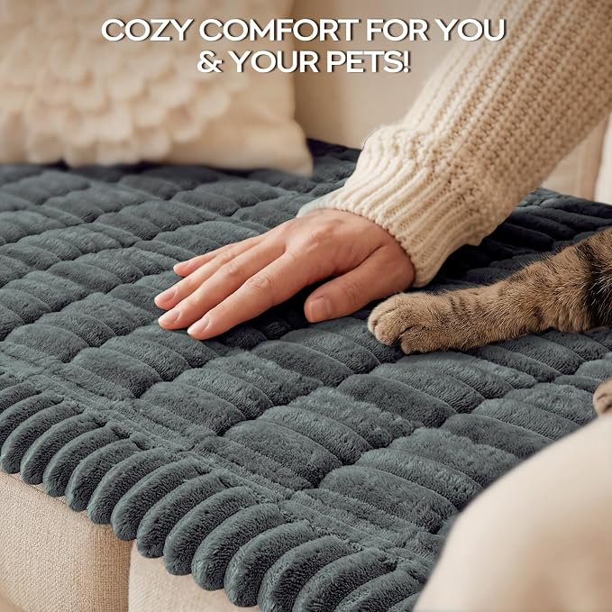 decorUhome Non-Slip Fuzzy Couch Cover for Dogs, Soft Thick Washable Pet-Friendly Protector, Sofa Slipcover for 3 Cushion Couch Sofa, Dark Grey, 27.6" x 82.7"