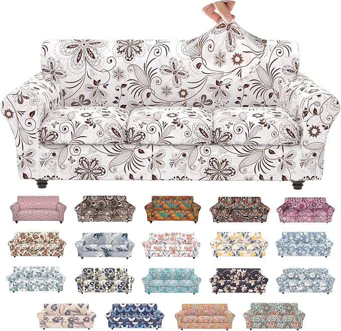 Stretch Couch Covers for 3 Separate Cushion Couch Sofa,Floral Printed Couch Sofa Cover,Washable Sofa Slipcover,Pet Friendly Furniture Protector with Elastic Bottom,Universal Fit for Home(Sofa,Cover)