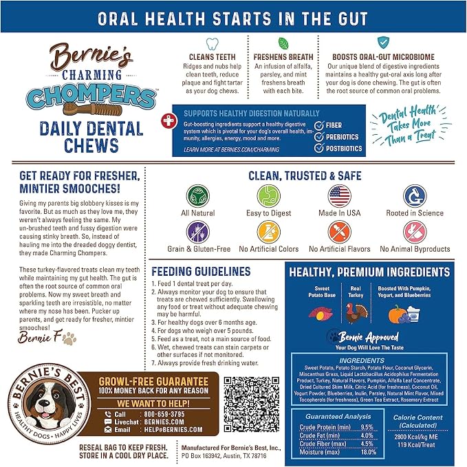 Bernie's Charming Chompers - Daily Dental Chews for Dogs 51-100 Lbs. - 24 Count - Cleans Teeth, Freshens Breath, + Boosts Oral-Gut Microbiome. Easy to Digest, Supports Healthy Digestion Naturally