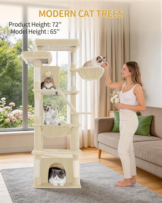 Hzuaneri Large Cat Tree, 72 Inch Tall Indoor Cat Tower for 6 Large Cats, Corner Climbing Activity Pet Condo with 2 Large Platforms/2 Cats House/6 Scratching Post/1 Hanging Basket, Beige MS18318YG