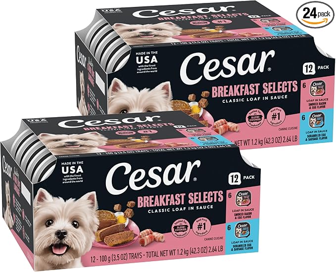 Cesar Classic Loaf in Sauce Wet Dog Food Breakfast Lovers, Smoked Bacon & Egg Flavor, and Scrambled Egg & Sausage Flavor, 3.5 oz. Easy Peel Trays, Wet Dog Food Variety Pack (12 Count, Pack of 2)