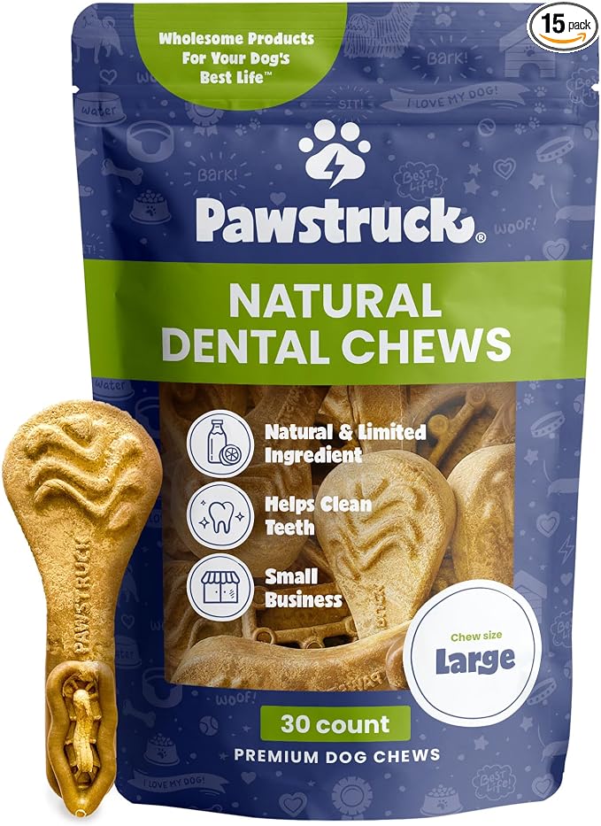 Pawstruck Natural Dental Chews for Medium Large Dogs & Puppies - Vet Recommended Brush Stick Treats Made in USA Breath Freshener to Improve Oral Hygiene & Clean Teeth - 30 Count - Packaging May Vary