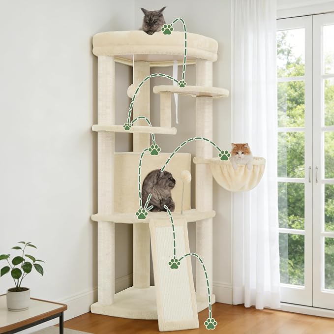 Gitelsnour Corner Cat Tree for Indoor Cats, Cat Tower with All Sisal Scratching Posts, Multi-Level Cat Condo wth Cat Cave, Large Top Perch, Hanging Basket, Sisal Scratching Ramp, Beige GCT025M
