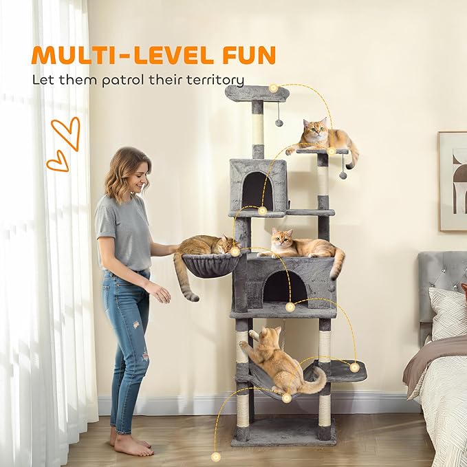PawHut Cat Tree, 80" Large Cat Tower for Indoor Kittens with 2 Spacious Condos, Sisal Scratching Posts, 2 Hanging Balls, Comfy Hammock, Perches, Bed, Dark Gray