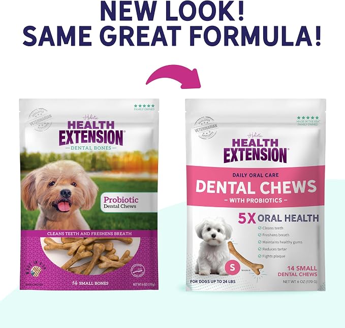 Health Extension Probiotic Dental Bones for Dogs, 14 Small Bones, Cleans Teeth, Healthy Gums, Freshens Breath, Training or Reward, 6 oz Bag (Pack of 1)