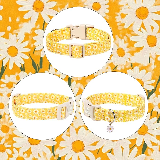 Yellow Daisy Dog Collar Cute Summer Dog Collars for Large Dogs - Lightweight Adjustable Girly Floral Female Dogs Everyday Collar with Safety Buckle L