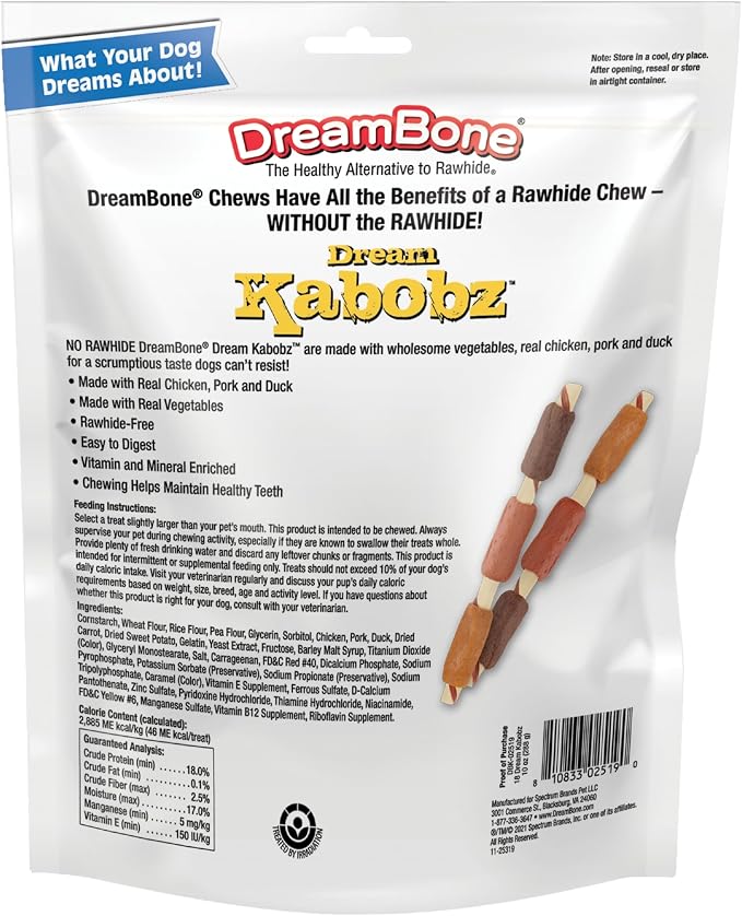 DreamBone Kabobz Dog Treats, Daily Rawhide-Free Chew, Digests Safely and Completely, With Real Protein, Chicken, Duck, Pork and Veggies, 18 count