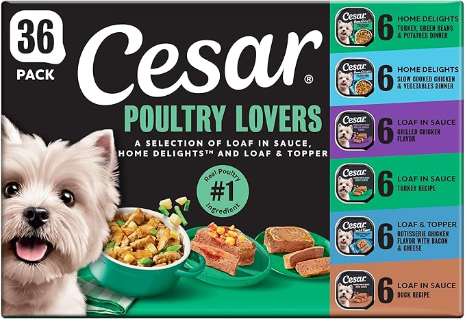 Cesar Classic Loaf in Sauce and Home Delights Adult Wet Dog Food Poultry Lovers Variety Pack with Real Chicken, Turkey or Duck, 3.5 oz. Easy Peel Trays, 36 Count (Pack of 1)