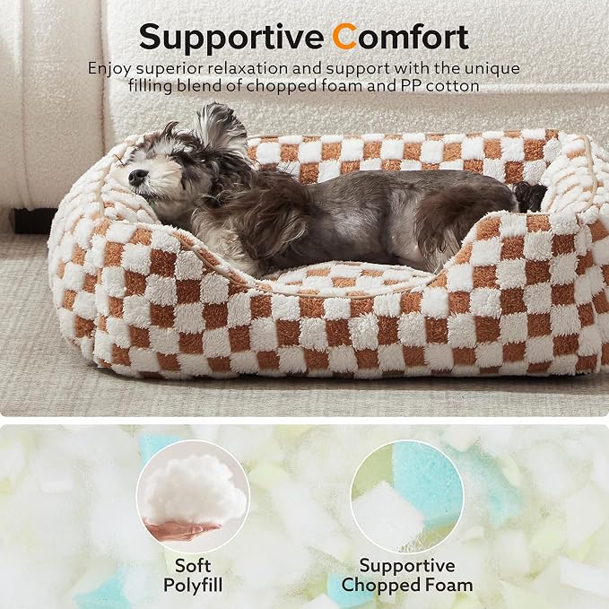 JOEJOY Dog Bed for Large Medium Small Dogs - Rectangle Orthopedic Dog Sofa Bed, Cute Modern Puppy Bed with Jacquard Shaggy Plush & Anti Slip Bottom, 30x24x9inches, Brown