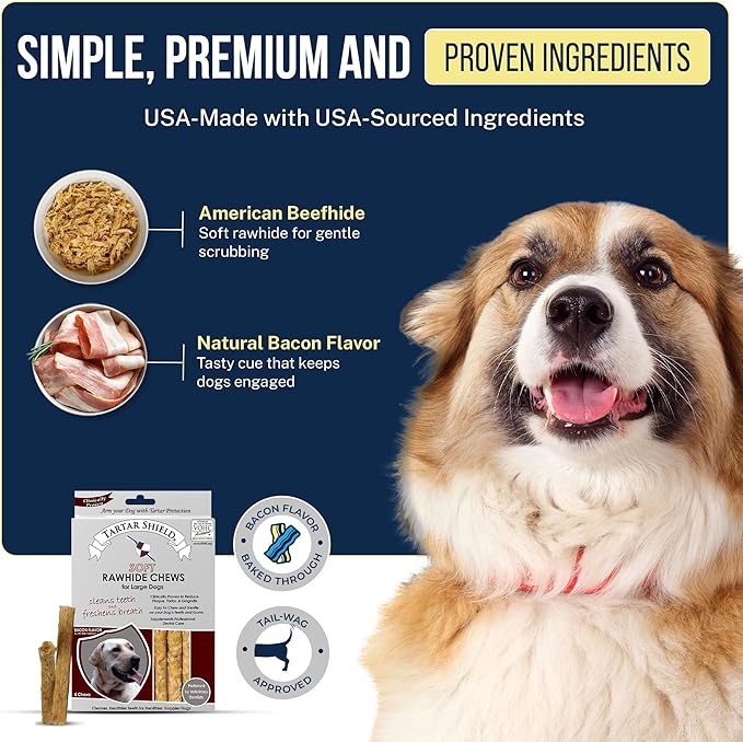 Tartar Shield® Soft Rawhide Dental Chews for Large Dogs | VOHC Accepted | Reduces Tartar, Controls Plaque & Freshens Breath | Vet Recommended | Bacon Flavor | USA Made | 8 Count