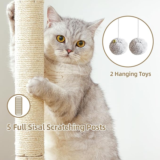 Cat Tree Tower Scratching Post for Indoor Large Cats, Small Cat Tree with Big Perch Bed, 28in Tall Trees House with Condo Cave, Toy Balls, Modern Climbing Furniture Platform for Kitten (Light Gray)