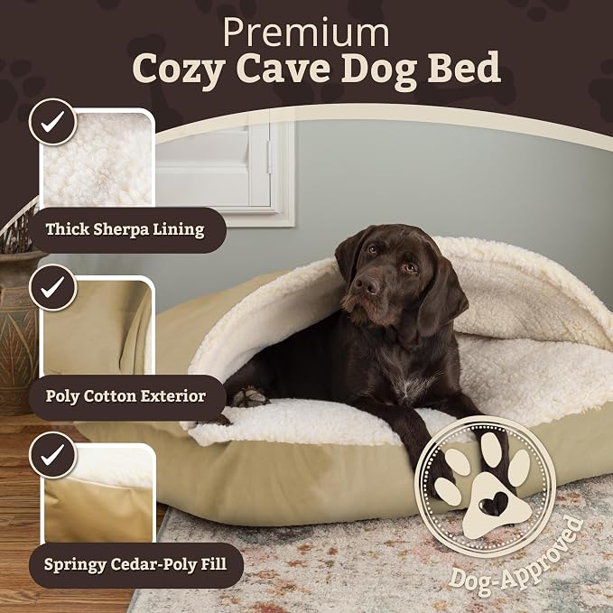 Snoozer Rectangle Cozy Cave Dog Bed - Indoor Dog Bed with Cover Cave, Covered Calming Burrow for Medium & Large Sized Pets with Blanket Attached, Enclosed, Washable Cover - Large, Khaki