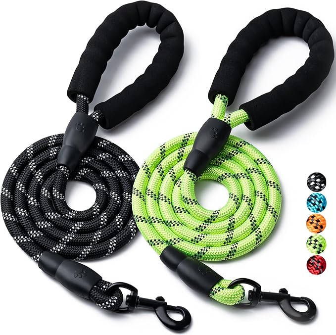 2 Pack Dog Leash, 4/5//6 FT Heavy Duty Nylon Rope Pet Leashes with Comfortable Padded Handle, Reflective Dog Leashes for Small Medium and Large Dogs (5FT-3/8,Black/Green)