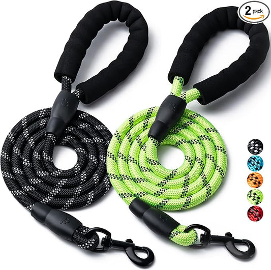 2 Pack Dog Leash, 4/5//6 FT Heavy Duty Nylon Rope Pet Leashes with Comfortable Padded Handle, Reflective Dog Leashes for Small Medium and Large Dogs (6FT-1/2,Black/Green)