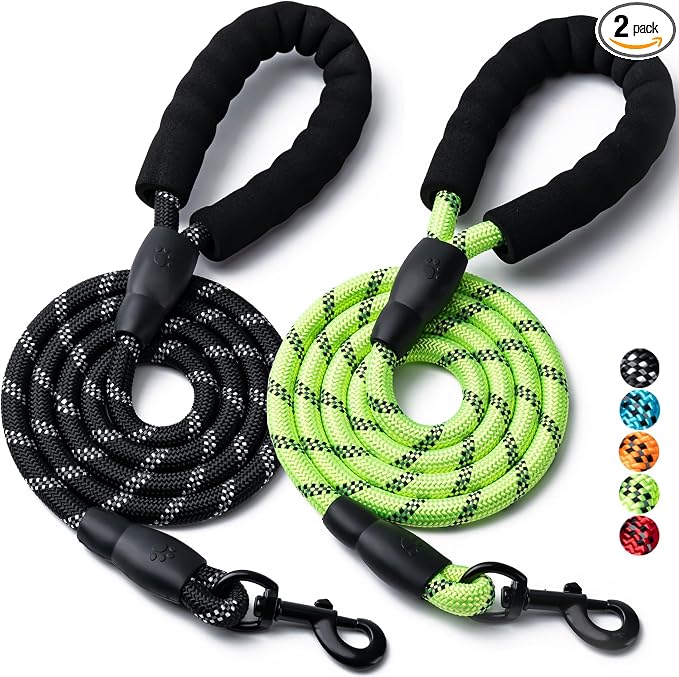 2 Pack Dog Leash, 4/5//6 FT Heavy Duty Nylon Rope Pet Leashes with Comfortable Padded Handle, Reflective Dog Leashes for Small Medium and Large Dogs (5FT-1/2,Black/Green)