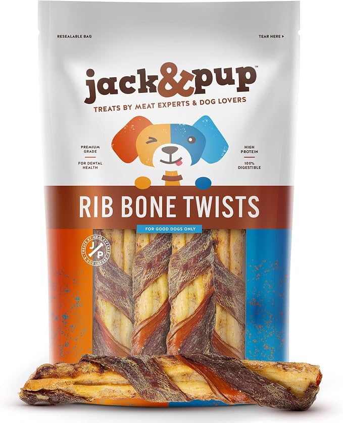 Jack&Pup 7" Beef Rib Bones for Dogs (4 Pack) – Beef Rib Bones Wrapped with Beef Jerky Twist for Flavor and Fun, Healthy High-Protein Dog Bones for Small & Large Dogs