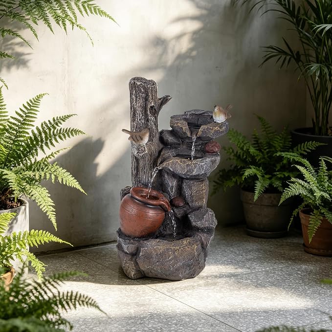 18.9" H Water Fountain Outdoor/Indoor, Garden Fountain with LED Lights, Rock Pottery Jar Waterfall Fountain for Patio Porch Yard Backyard Farmhouse