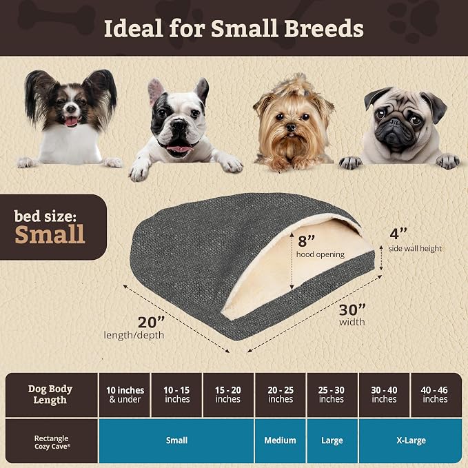 Snoozer Rectangle Cozy Cave Dog Bed - Indoor Dog Bed with Cover Cave, Covered Calming Burrow for Small Sized Pets with Blanket Attached, Enclosed, Washable Cover - Small, Merlin Pewter