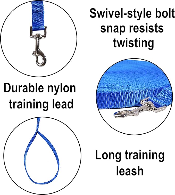 Hi Kiss Dog/Puppy Obedience Recall Agility Lead - 15ft, 20ft, 30ft, 50ft, 100ft Training Leash - Great for Training, Play, Camping, Backyard Blue 20 Feet