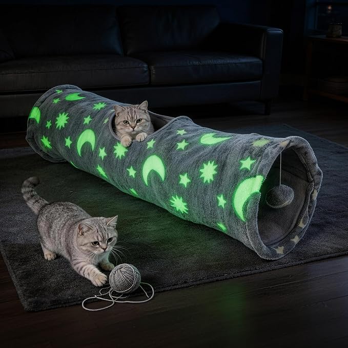 PAWISE Cat Tunnel for Indoor Cats, Glow in Dark Cat Tunnels with Cube Pop-Up, 3-Way Collapsible Cat Play Tunnel Toy for Cats Kittens Rabbits, with Hanging Ball & Bell