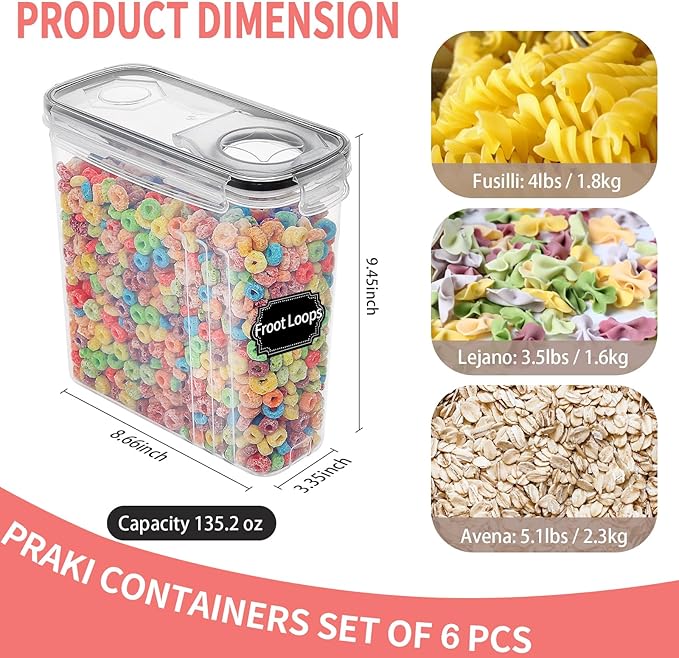 PRAKI Large Dry Food Storage Containers with Lids, 6PCS Airtight Cereal Containers Storage Set, Leak-proof Canister Set for Kitchen Pantry Organization with 20 Labels & Marker (4L Black)