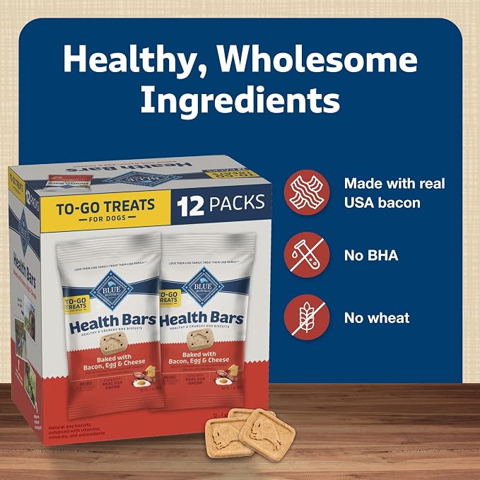 Blue Buffalo Health Bars Natural Crunchy Dog Treats TOGO Mini Biscuits Bacon Egg & Cheese