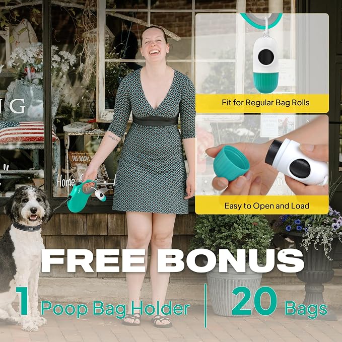 Fida Retractable Dog Leash with Dispenser and Poop Bags, 16 ft Pet Walking Leash for Small Dog or Cat up to 26 lbs, Anti-Slip Soft Handle, Tangle Free, Reflective Nylon Tape (S, Teel)