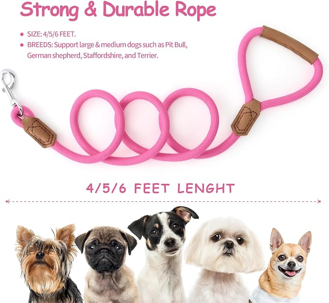 Mile High Life Leather Dog Leash, Heavy Duty Strong Genuine Leather Handle Rope Leash Soft and Comfortable for Small Medium Large Dogs (Hot Pink, 60 Inch)