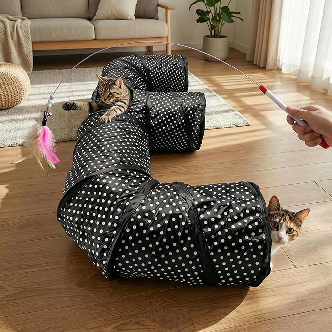 E-Shaped Cat Tunnel, 3-Way Interactive Triple Tube Toy for Indoor Cats, Collapsible Pet Play Maze with Peek-a-Boo Holes, Durable Hideout for Kittens, Puppies, Bunnies & Small Animals (E)