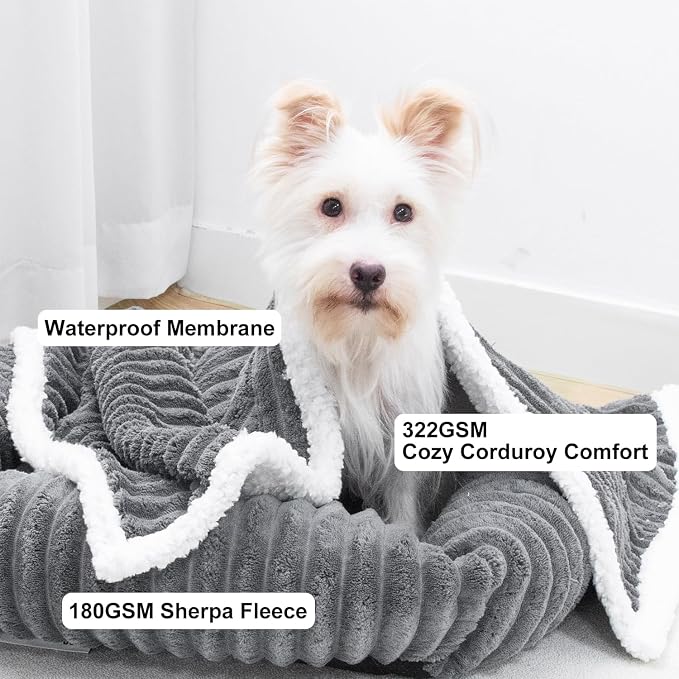 Waterproof Dog Blanket Soft Pet Cat Blanket Cozy Calming Sherpa Corduroy Fleece Blanket Reversible Furniture Bed Protector for Small Dogs Machine Washable Puppy Blanket, Drak Grey 30x40 in