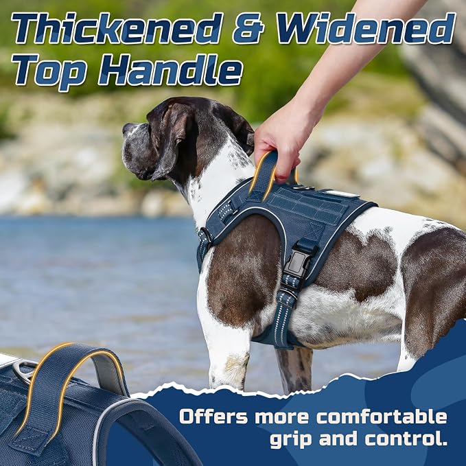 rabbitgoo Tactical Dog Harness for Large Dogs, No Pull Military Service Vest with Handle & Molle, Easy Control for Training Walking, Adjustable Reflective Straps, Blue, L