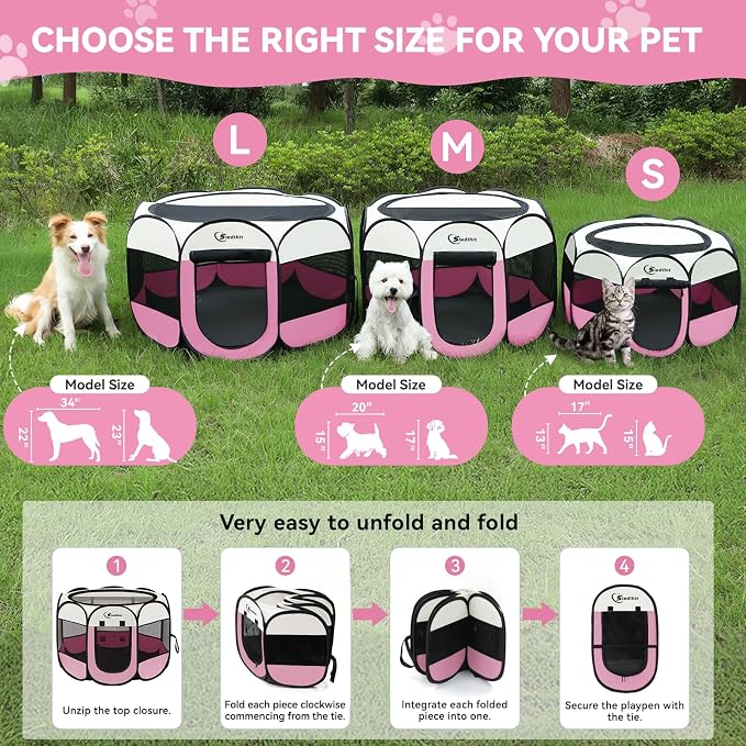 Siedihit Pink Puppy Playpen for Large Dog Cat, Dog Tent Crates Cage Indoor/Outdoor, Portable Pop Up Dog Kennel with Carrying Bag for Rabbits, (Pink, Large)