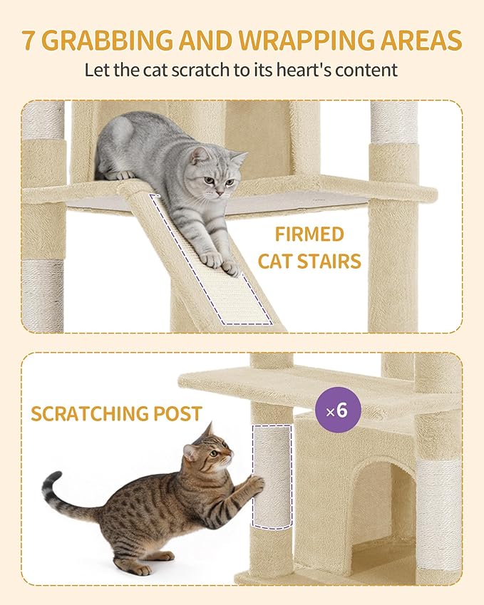 Hzuaneri Large Cat Tree, 72 Inch Tall Indoor Cat Tower for 6 Large Cats, Corner Climbing Activity Pet Condo with 2 Large Platforms/2 Cats House/6 Scratching Post/1 Hanging Basket, Beige MS18318YG