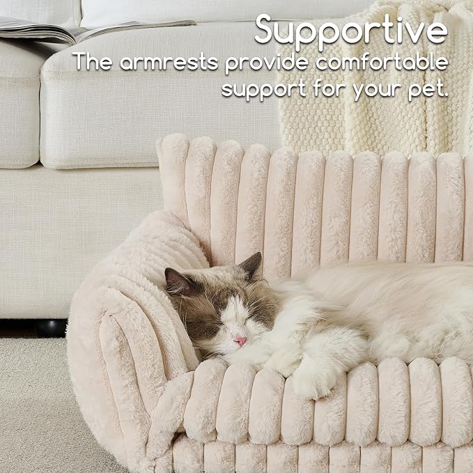Hollypet Cat Bed Fluffy Plush Multifunctional Double-Layer Machine Washable Soft Warming Kitty Pet Couch Orthopedic Nest Beds for Small Cats Kitten and Dogs up to 13lbs, Cream(25x20x13 inch)
