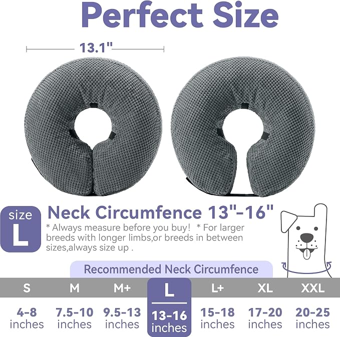 Loflaze Soft Inflatable Dog Cone Collar Alternative After Surgery - Dog Neck Donut E Collar for Large Medium Small Dogs Cats Post Surgery - Recovery Collar to Stop Licking - Grey, L